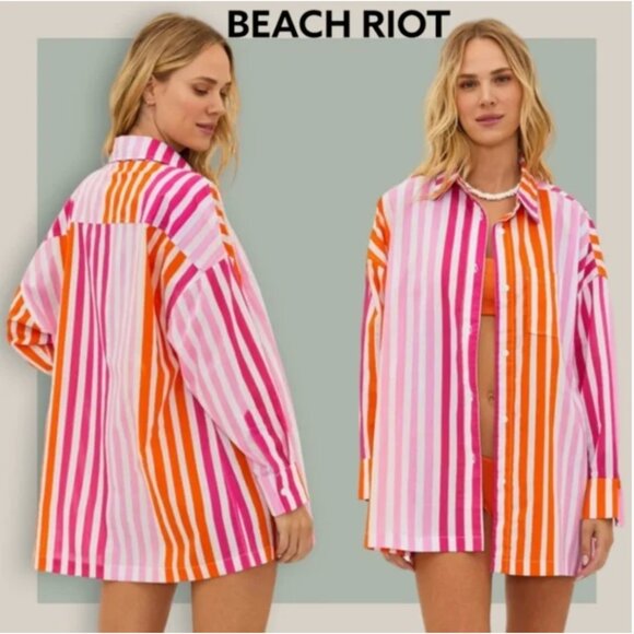 Beach Riot Alexa Coverup Button Down Long Sleeve Top L/XL Pink Stripe - Picture 1 of 5